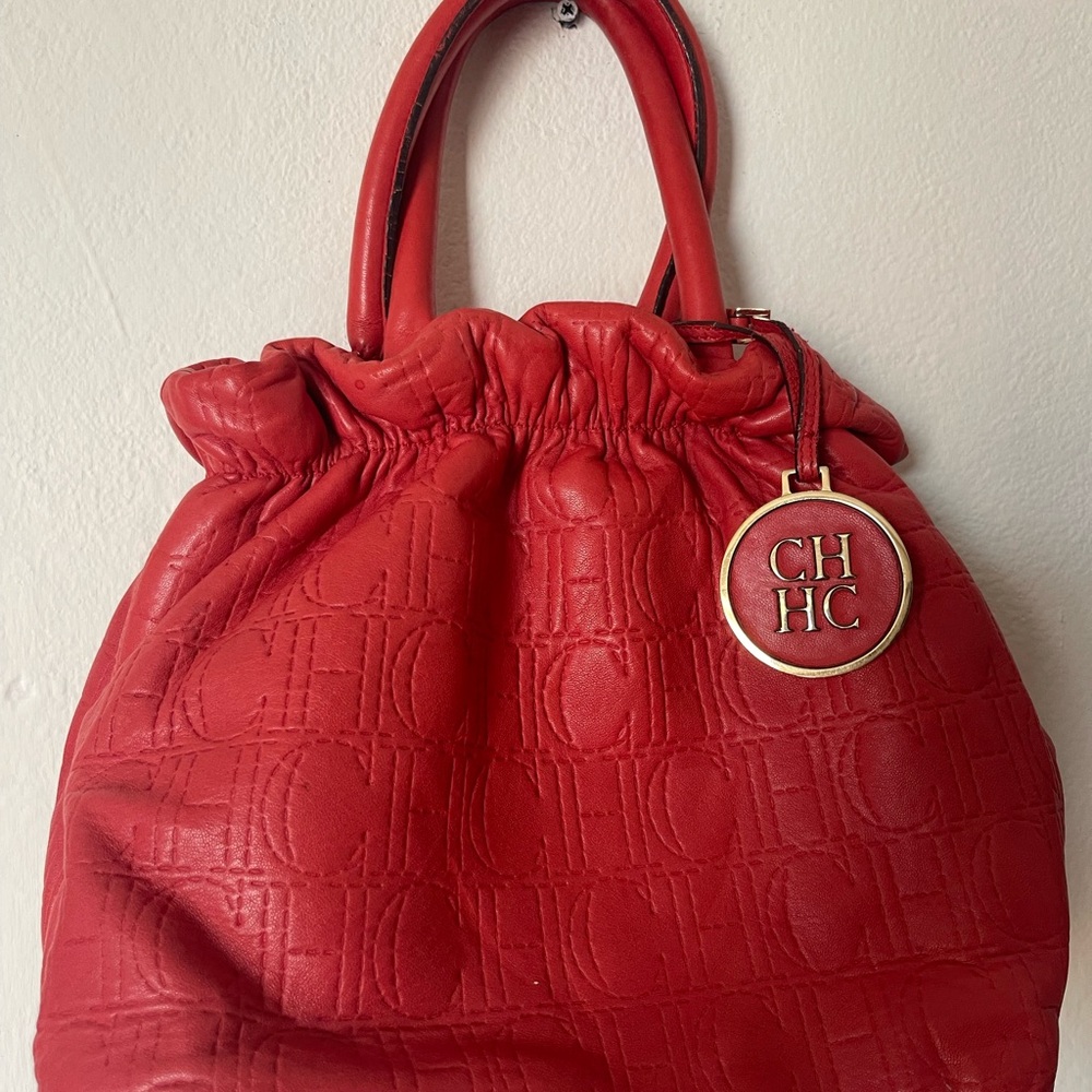 Carolina Herrera Red Textured Shoulder Bag with Gathered Design
